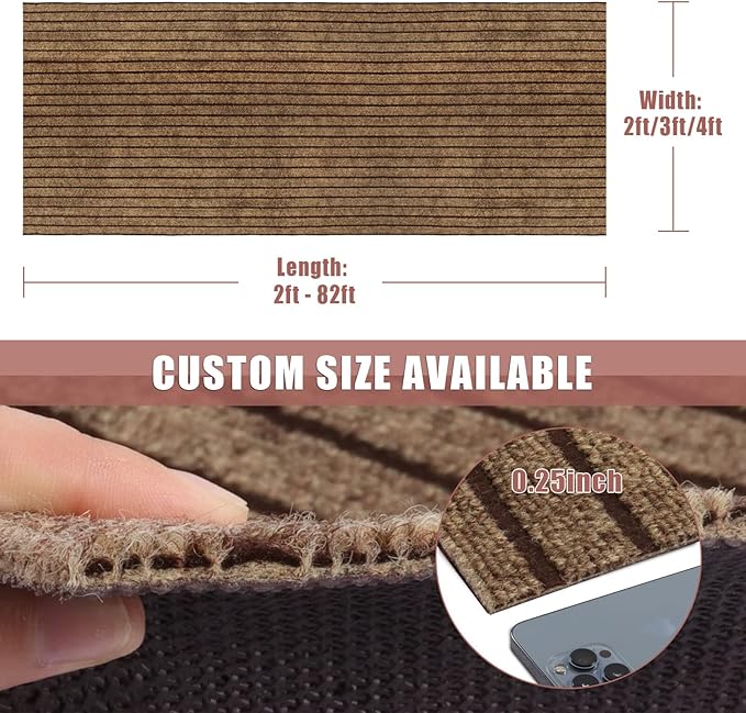 Runner Rug 2 ft x 25 ft Indoor/Outdoor Low Profile, Hallway, Kitchen, Patio, Deck Area, RV, Entryway, Garage, with Non-Slip Rubber Backing, Brown with Brown Stripe, Custom