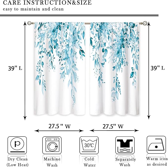 Blue Eucalyptus Botanical Leaves Floral Kitchen Window Curtains Over Sink Farmhouse Flower Spring Small Window Treatment Cafe Short Curtains for Bathroom Treatment Tier Drapes27.5x39 inch