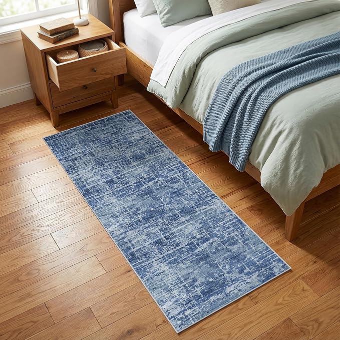 2x6 Washable Kitchen Runner Rug - Modern Abstract Neutral Carpet with Non-Slip Backing Low-Pile Stain-Resistant Thin Runners for Hallway Bathroom Bedroom Entryway (2x6, Blue)