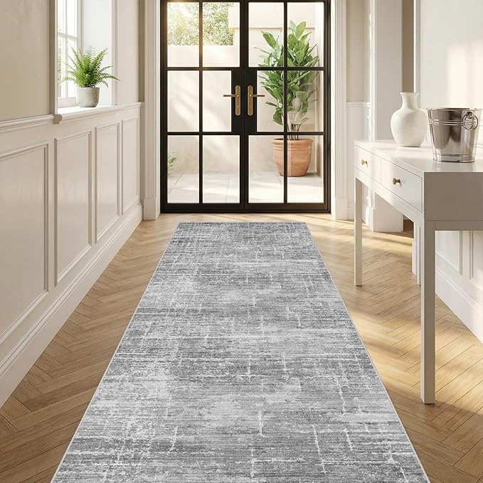 3x6 Washable Kitchen Runner Rug - Modern Abstract Neutral Carpet with Non-Slip Backing Low-Pile Stain-Resistant Thin Runners for Hallway Bathroom Bedroom Entryway (3x6, Gray)
