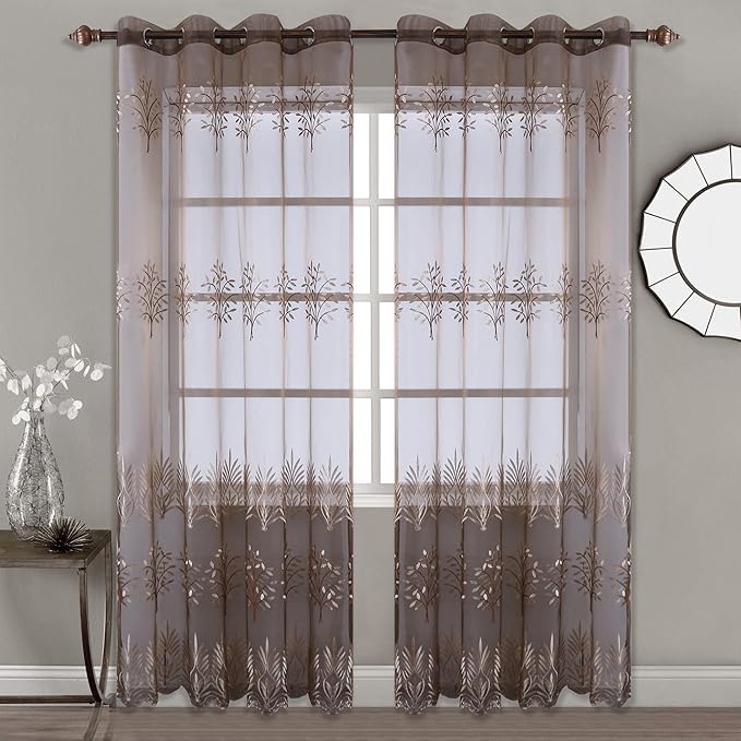 DONREN Luxury Brown Sheer Curtains for Living Room - Leaf Embroidery Sheer Curtain Panels for Bedroom (W 52 x L 96 Inch,2 Panels)