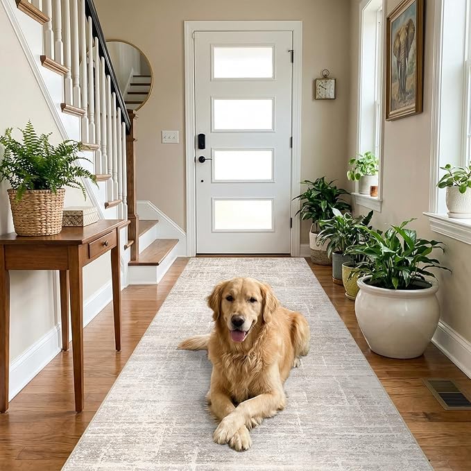 3x7 Washable Kitchen Runner Rug - Modern Abstract Neutral Carpet with Non-Slip Backing Low-Pile Stain-Resistant Thin Runners for Hallway Bathroom Bedroom Entryway (3x7, Beige)