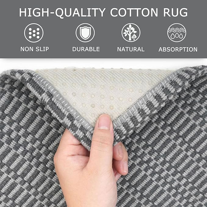 KOZYFLY Washable Runner Rug 2x5 Ft Runners for Hallways Throw Rug with Rubber Backing, Braided Cotton Entryway Runner Indoor, Carpet Runners for Hallway Kitchen Entryway Bedroom, Grey/Charcoal Grey