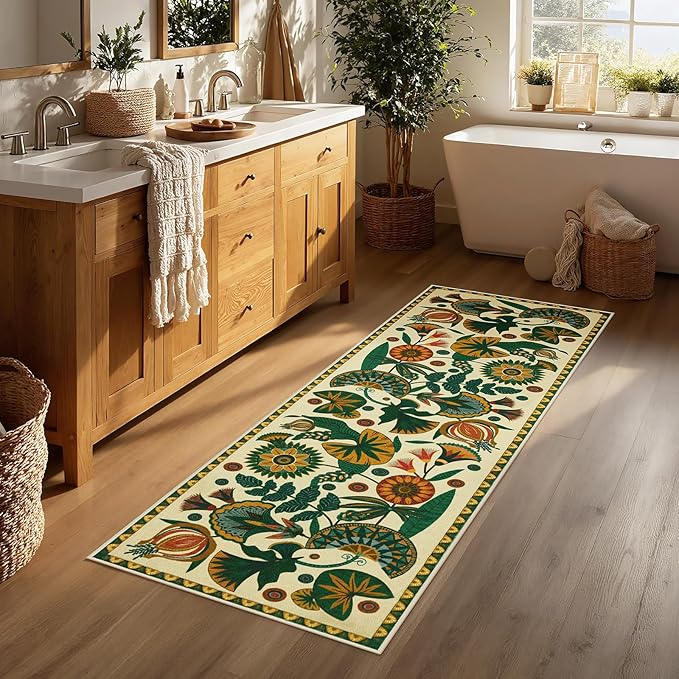 Joydeco Egypt Floral Boho Rug Runners for Hallways Entryway Non Slip, 2x6 Bathroom Kitchen Runner Rugs Non Skid Washable, Vintage Beige Carpet for Entrance Laundry Room Bed Beside