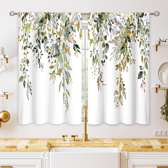 Green Gold Eucalyptus Botanical Leaves Floral Small Kitchen Curtains Flower Window Treatment Wildflower Plant Cafe Short Window Curtains for Bathroom Room Tier Treatment Drapes 26x36 inch
