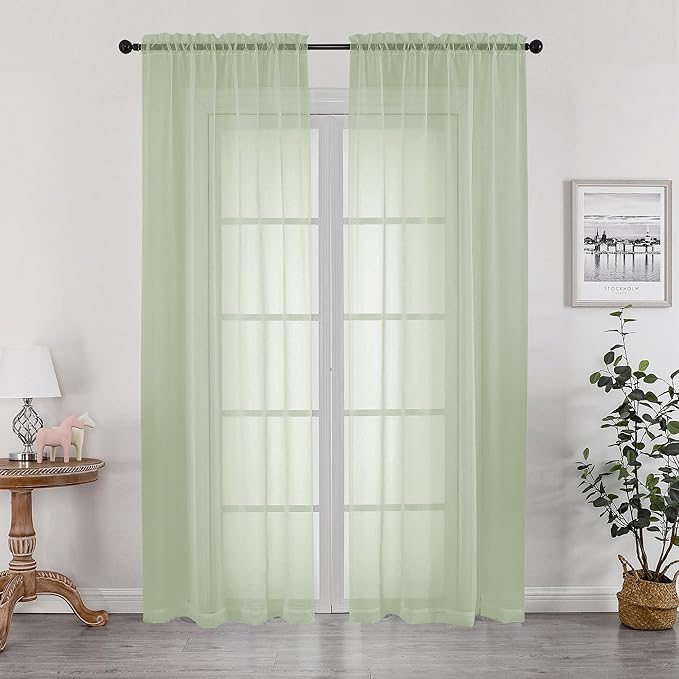 OWENIE Sheer Curtains 84 inches Long 2 Panels Set for Bedroom Living Room, Soft Solid Living Room Rod Pocket Light Filtering Curtains, 2 Pcs Each 42?€? W x 84" L, Light Green