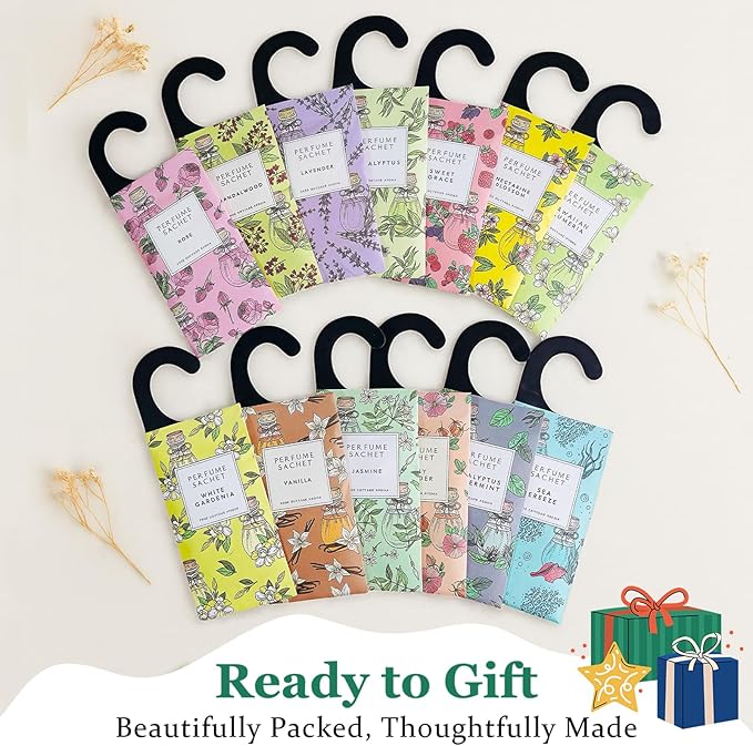 ROSE COTTAGE Large 12 Packs White Cotton Hanging Closet Deodorizer Air Freshener Long Lasting Scented Sachets Smell Goods for House