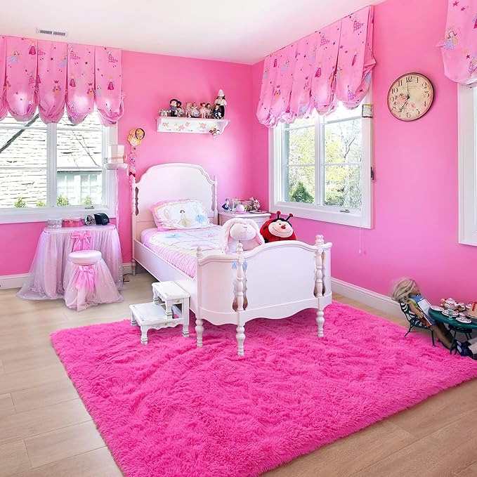 Noahas Fluffy 4x6 Hot Pink Rugs for Bedroom Girls,Shaggy Kids Rug,Thick Shag Throw Carpet,Soft Non-Slip Dorm Nursery Area Rugs for Living Room Home Decor Aesthetic