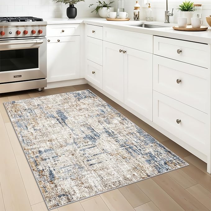 3x4 Rug Washable for Entryway - Non-Slip Modern Small Indoor Area Rug for Bathroom,Living Room，Bedroom - Abstract Neutral Soft Low-Pile Throw Mat with Rubber Backing (Blue Brown)