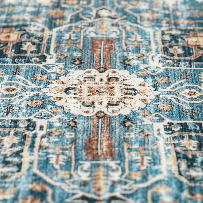 RUUGME 10x12 Area Rug Washable - Vintage Lightweight Rugs for Bedroom Soft Area Rugs for Living Room Stain Resistant Carpet with Non Slip Backing Indoor Ultra-Thin Rugs Home Decor 10x12 Blue