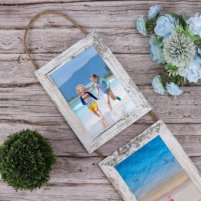 Lavezee 4x6 Collage Hanging Triple Picture Frames Set, 6 Opening Distressed White Vertical Frame Made to Display 4 by 6 Inch Photo Prints for Wall Decor