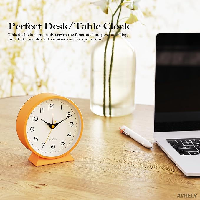 AYRELY?? 4.5" Analog Alarm Clock,Small Retro Desk Clock Battery Operated,Slient Metal Table Clock with Light for Living Room Decor,Bedroom,Bedside,Shelf (Orange-Yellow)