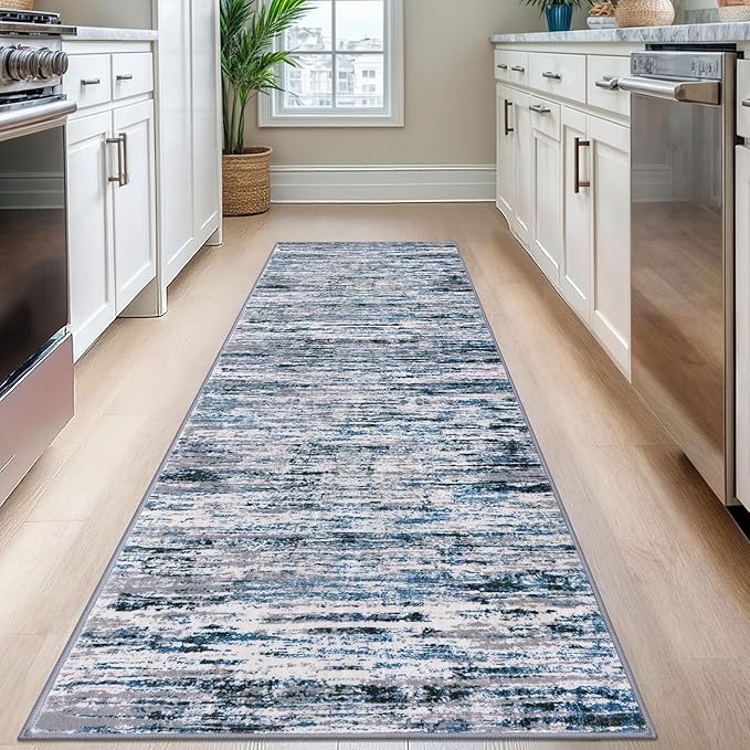 Lansny Modern Abstract Runner Rug 2.6x8, Grey Blue White Washable Kitchen Runner Non-Slip Soft Hallway Rug Runner Thin Print Faux Wool Carpet for Entryway Bedroom Laundry Room Indoor Home Decor