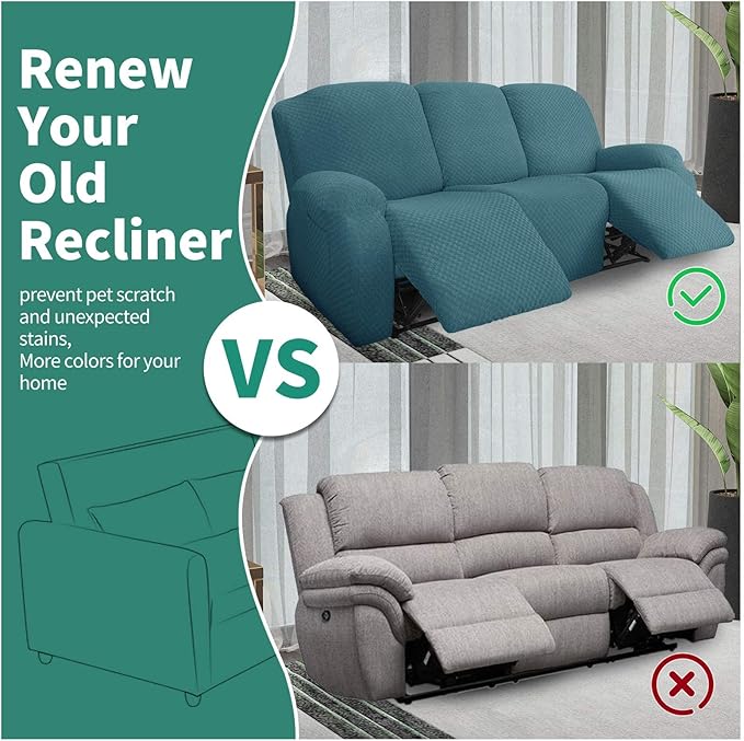 YEMYHOM 8 Pieces Stretch Recliner Sofa Cover Latest Jacquard Reclining Couch Cover with Side Pocket Anti-Slip Fitted 3 Cushion Furniture Slipcovers with Elastic Bottom (Recliner Sofa, Peacock Blue)