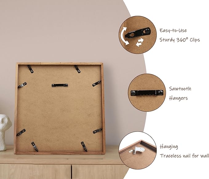 Square 12x12 Picture Frame with Mat for 8x8/10x10, Natural Walnut Wood Handcrafted Rounded Corner with Real Glass, Vertical or Horizontal Display Photo Gallery Wall Mounting Frame
