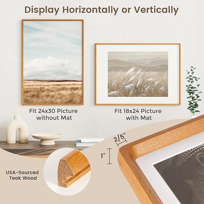 24x30 Poster Frame, USA-Sourced Teak Wood Picture Frame with HD Tempered Glass, Handcrafted Rounded Corner 24 x 30 Wooden Frames Matted to 18x24 Photos, Horizontal or Vertical Wall Display