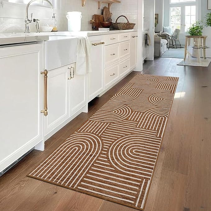 ROYHOME Modern Rug 2x6 Runners for Hallways, Abstract Kitchen Runner Rugs Non Slip Bath Runner, Rainbow Washable Runners Rug for Bedroom, Soft Long Rugs for Entryway Bathroom Laundry Dorm, Copper