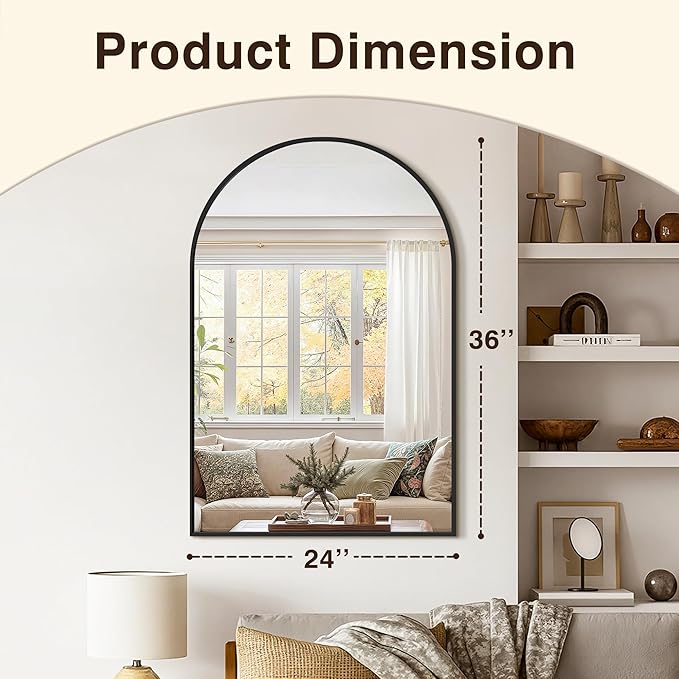 Vanity Bathroom Mirror for Wall, 2 Pack 36”x24” Arched Bathroom Mirror for Over Sink, Arched Metal Frame for Bedroom, Living Room, Entryway, Hanging or Leaning, Black