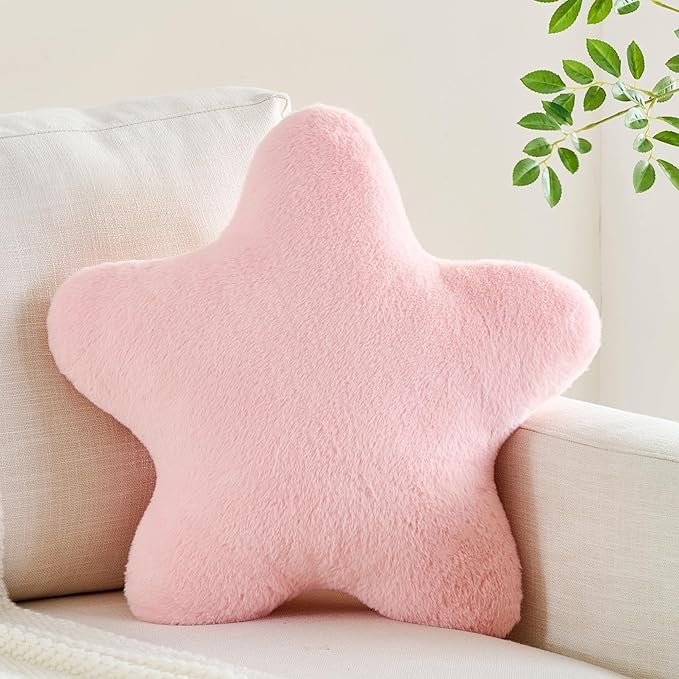 CANGHI Star Pillow 15.7" Pink Star Shaped Decorative Throw Pillow for Couch Bed Aesthetic Plush Floor Seating Cushions with Soft Faux Rabbit Fur for Sofa Bedroom Living Room
