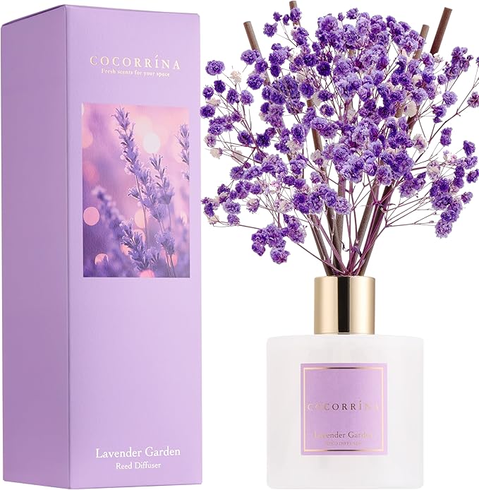 COCORR??NA Reed Diffuser - Lavender Garden 6.7 Fl.oz Reed Diffuser Set with Sticks & Preserved Baby's Breath, Reed Diffuser for Home Bathroom Shelf Decor