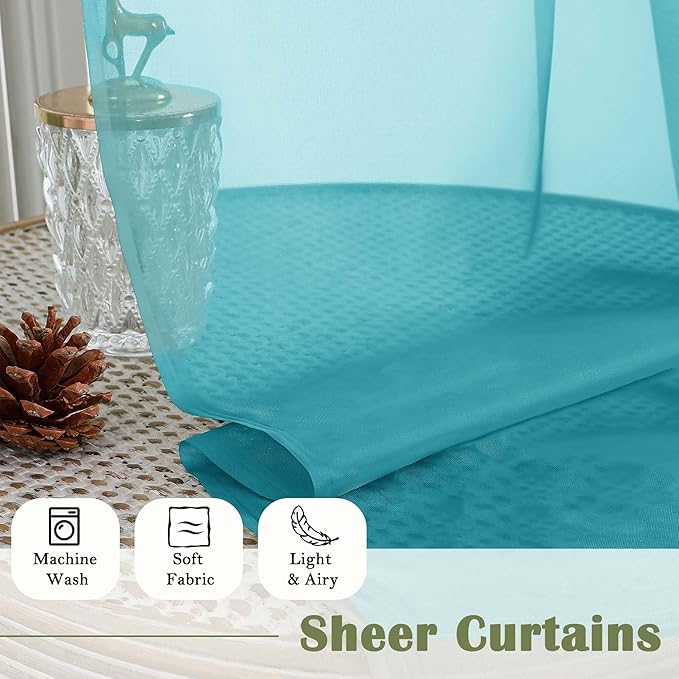 Lecloud Turquoise Sheer Curtains 108 Inches Long 2 Pcs, Rustic Farmhouse Dual Rod Pocket Window Curtains for Living Room, Bedroom Decor Light Filtering Soft Airy Drapes, Each Panel 59" W x 108" L