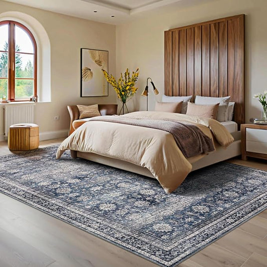 GarveeHome Area Rugs 3x5 Vintage Printed Floor Carpet with Non-Slip Backing, Stain-Resistant Oriental Throw Bedside Washable Farmhouse Low Pile Rugs for Living Room, Bedroom, Office, Blue