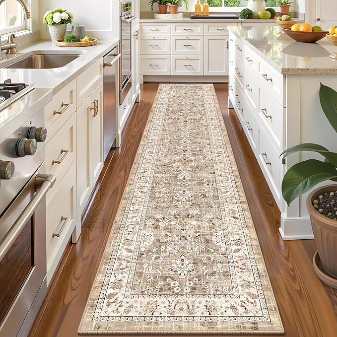 LOKHOM Washable Runner Rug, 2x10 Non-Slip Boho Hallway Rug with Rubber Backing, Vintage Soft Stain Resistant Distressed Kitchen Runner Rug for Kitchen Laundry Entryway Bedroom (Beige Brown)