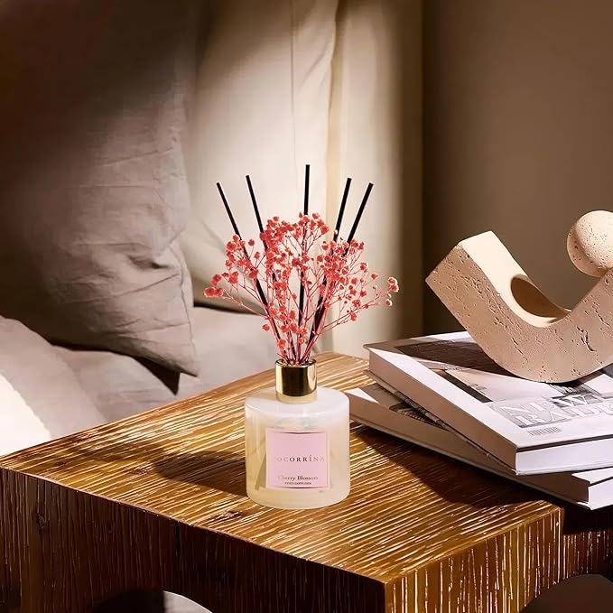 COCORR??NA Reed Diffuser - Cherry Blossom 6.7 Fl.oz Reed Diffuser Set with Sticks & Preserved Baby's Breath, Reed Diffuser for Home Bathroom Shelf Decor