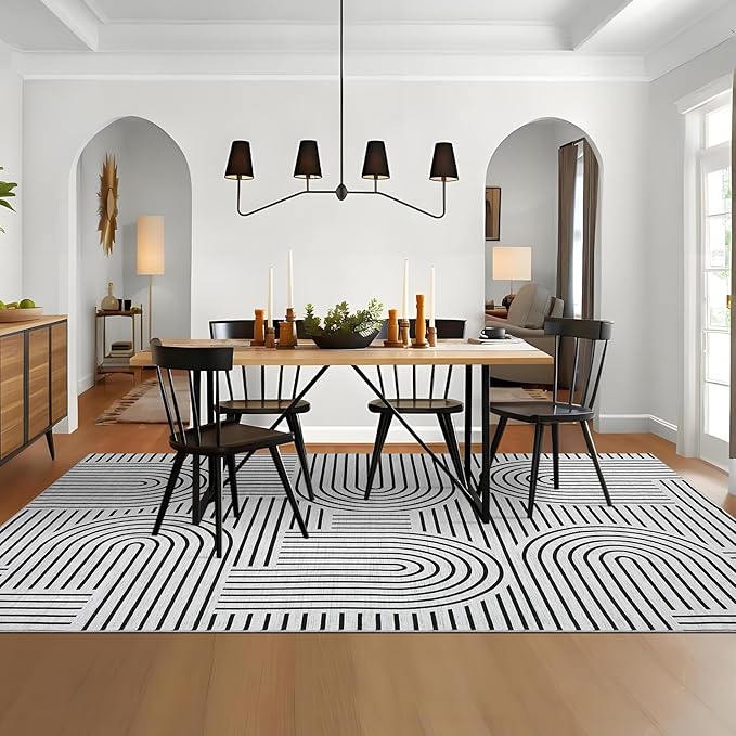 Washable Rug 9x12 Area Rugs for Living Room, Abstract Rug for Bedroom, Soft Rainbow Non Slip Throw Rugs with Rubber Back, Low Pile Stain Resistant Boho Geometric Carpet for Dining Room, Blackwhite