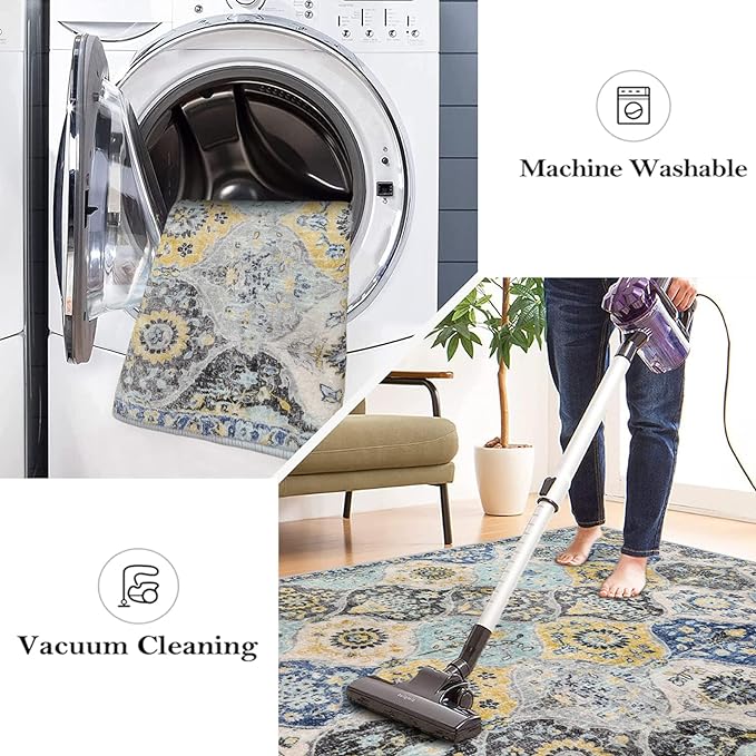 Lahome Moroccan Trellis Washable Small Area Rug, 3x5 Area Rug for Bedroom Living Room, Non-Slip Oriental Throw Carpet for Kitchen Office Entryway Bathroom Office Elise, Yellow/Aqua