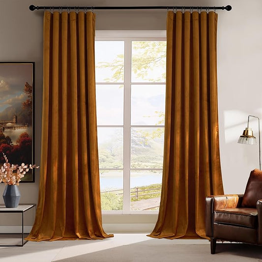 RYB HOME Fall Curtains Burnt Orange Velvet Curtains, Light Blocking, Thermal Insulated, Terracotta Luxury Window Treatment Privacy Backdrops for Bedroom Living Room, 52 inch x 84 inches, 2 Panels