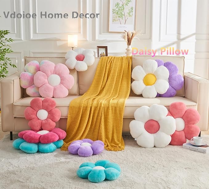 Daisy Shaped Throw Pillow - 15.7In Plush Cute Flower Seating Cushion for Sofa Couch Bed