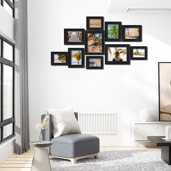 Picture Frame Set 10 pack, Farmhouse Photo Frames, Gallery Wall Frame Collage, 8x10 5x7 4x6 Frames in 3 Different Finishes Picture Frames For Wall or Desk,Black