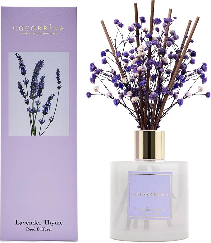 Cocorr??na Premium Reed Diffuser Set with Preserved Baby's Breath & Cotton Stick Lavender Thyme | 6.76 Fl.oz Scent Diffuser for Bedroom Bathroom Home D??cor