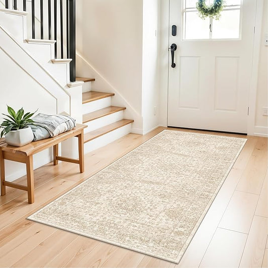 3x6 Washable Entryway Runner Rug – Non-Slip Wide Carpet Runner for Kitchen Hallway Bathroom, Neutral Vintage Distressed Low Pile Indoor Door Mat (Ivory Beige)