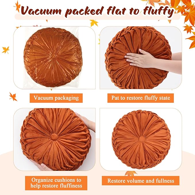 Drydiet 4 Pcs Round Throw Velvet Pillows Decorative Pleated Throw Pillows 15'' Diameter Accent Pumpkin Boho Chair Cushion for Couch Sofa Home Decoration (Fall Color)