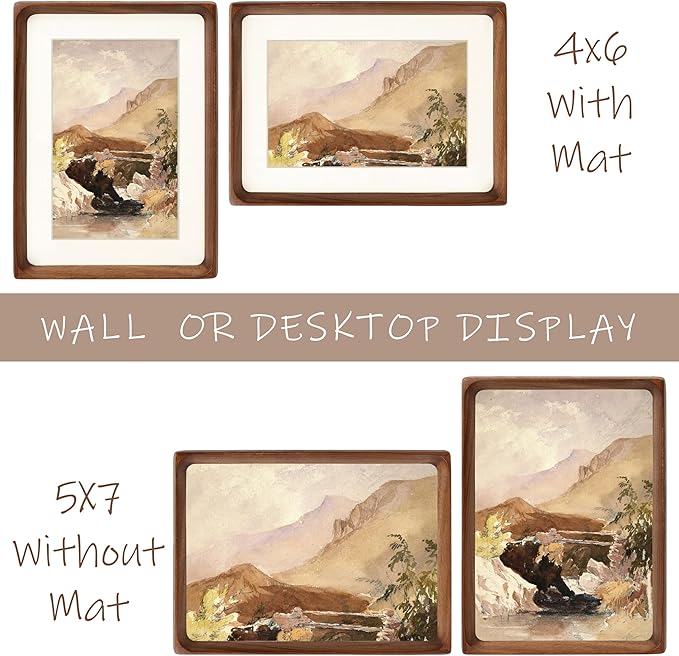 5x7 Picture Frame with Mat for 4x6, Natural Walnut Wood Handcrafted Rounded Corner with Real Glass, Vertical or Horizontal Display Photo Gallery Wall & Tabletop Frame