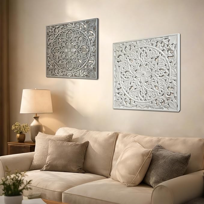 XIAOAIKA Boho Carved Wood Wall Sculpture, Intricate Floral Mandala Design with Distressed White Finish, Vintage Farmhouse Wall Art Panel with Solid Wood Frame for Bedroom Entryway (22" x 22")