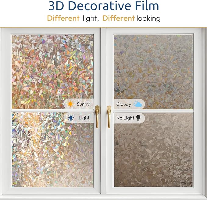 rabbitgoo Window Privacy Film Rainbow Film Decorative Window Sticker, 3D Static Stained Glass Cling Tint for Home Heat Control Non-Adhesive, Brown, 35.4 x 157.4 inches