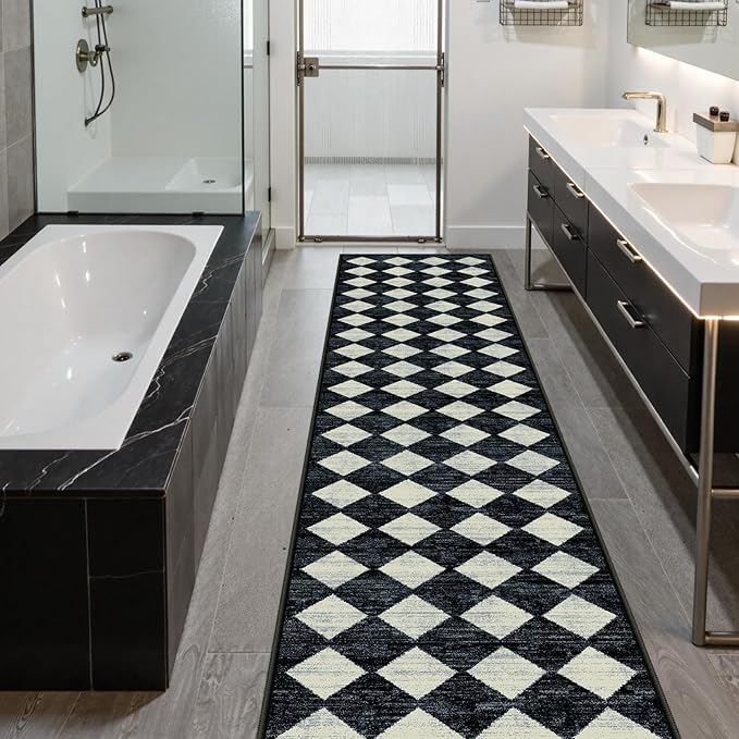 Lahome Zelie Checkered Washable 2x12 Runners for Hallways Non Slip, Black Kitchen Bathroom Runner Rugs, Modern Trellis Ultra-Thin Indoor Carpet Runner for Bedroom Dorm Classroom Decor (2'x12',Black)