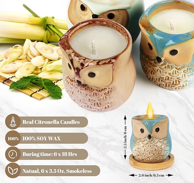 Citronella Candles Outdoor Gift Ideas for Women, 6x3.5oz Novelty Owl Soy Candles for Gift Sets Women, Aromatherapy Candles Bulk for Garden, Porch, Outdoor Patio Décor