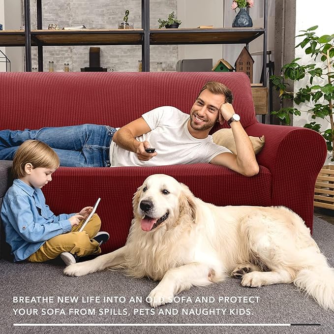 ZNSAYOTX Super Stretch Couch Cover (72"-92") Universal Sofa Covers with Elastic Bottom, Dog Cat Pets Friendly Washable Furniture Protector Fitted Sofa Slipcovers Stay in Place (Wine Red, Sofa)