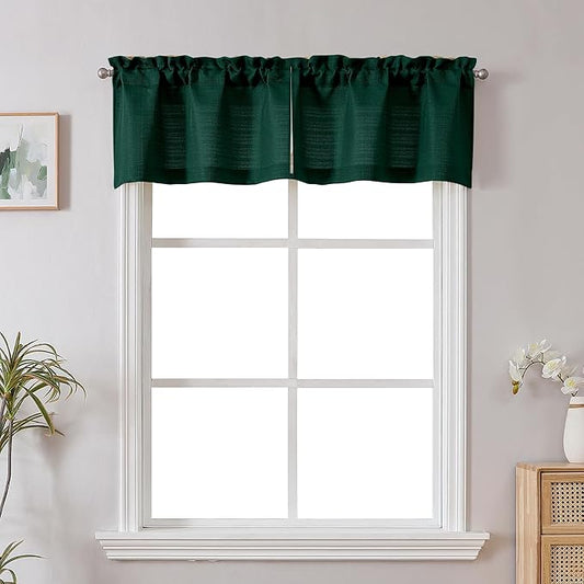 Chyhomenyc Christmas Hunter Green Faux Linen Slub TextuHunter Green Small Window Kitchen Valance Curtain, Rod Pocket Cafe Valance for Bathroom Laundry Basement, 30Wx14L inch, 2 Piece