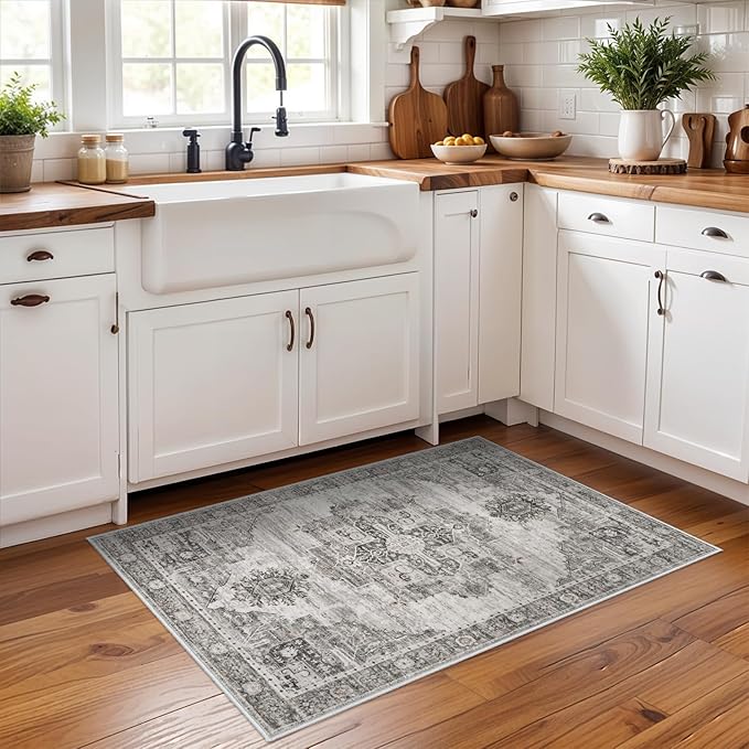 RUUGME Washable 2x3 Area Rugs - Large Boho Rugs for Living Room Stain Resistant Carpet Vintage Tribal Rugs for Bedroom Kitchen Bathroom with Non Slip Backing Home Decor Floor Decoration Mat 2x3 Grey