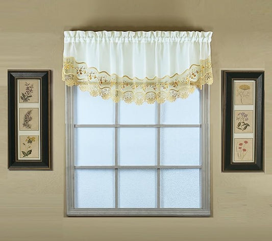 Today's Curtain, Vintage Macramé Organza Crescent 18", Ecru/Gold, 58" W x 18" L