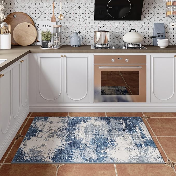 Entryway Rug 2x3 Blue Door Mat Indoor Entrance 24x36, Washable Small Throw Rugs for Kitchen Floor, Entry, Front Door, Bedroom Bedside, Non-Slip Low Pile Stain & Fade Resistant, Abstract Navy