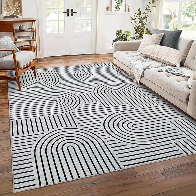 ROYHOME Washable Rug 8x10 Area Rugs for Living Room, Abstract Rug for Bedroom, Soft Rainbow Non Slip Rugs with Rubber Back, Low Pile Stain Resistant Boho Geometric Carpet for Dining Room, Blackwhite
