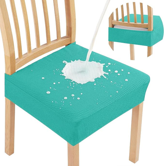 Smiry Waterproof Seat Covers for Dining Room Chairs Set of 8, Stretch Jacquard Removable Washable Chair Seat Slipcovers Protector, No Rear Covers, Teal