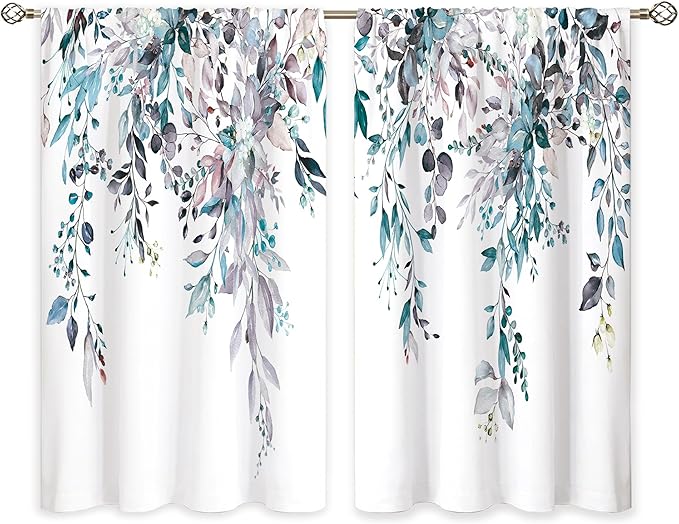 Blue Grey Eucalyptus Botanical Leaves Floral Kitchen Window Curtains Over Sink Farmhouse Flower Leaf Small Window Treatment Cafe Short Curtains for Bathroom Treatment Tier Drapes 27.5x39 inch