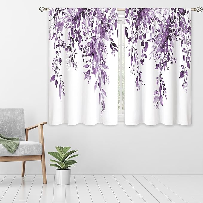 Eucalyptus Botanical Leaves Purple Floral Kitchen Window Curtains Over Sink Farmhouse Flower Leaf Small Window Treatment Cafe Short Curtains for Bathroom Treatment Tier Drapes 27.5x39 inch